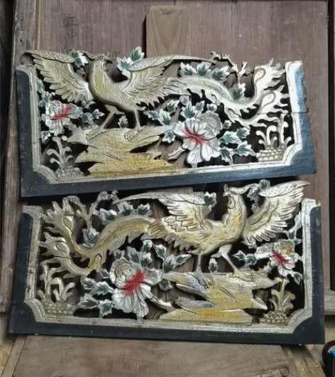 木雕镂空花鸟凤凰一对,凤戏牡丹,民宿茶馆装...