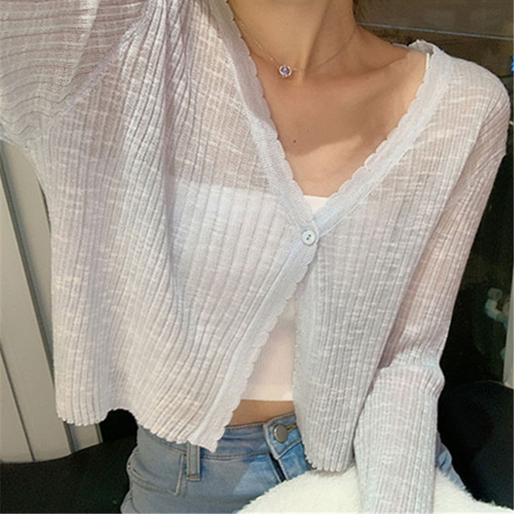 浅蓝色冰丝针织防晒开衫女薄款夏季2021新...