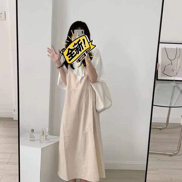 2021夏季新款纯色吊带裙甜美清新简约裙学...