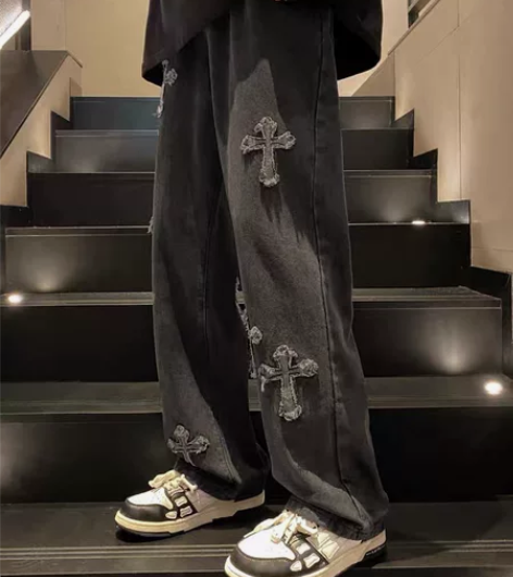 十字架牛仔裤美式高街男ins潮复古直筒宽松...