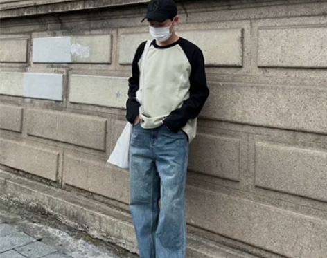 纯棉自然水洗宽松阔腿蓝色牛仔裤立体剪裁高腰...