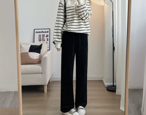 黑色雪尼尔阔腿裤女2022新款高腰宽松加绒...