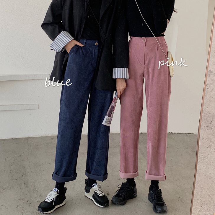 春季2021新款韩版宽松灯芯绒阔腿休闲裤高...