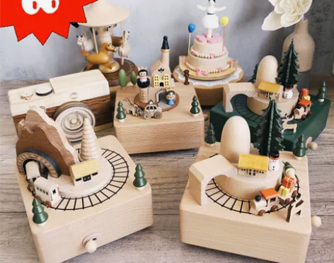 超值！手工木质音乐盒创意复古旋转八音盒毕业...