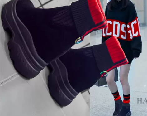 内增高鞋女 秋冬新款松糕厚底短靴针织拼接袜...