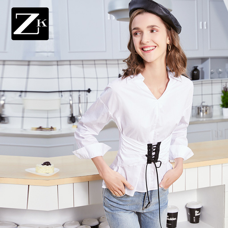 ZK绑带收腰长袖白色衬衫港味雪纺衬衣chi...