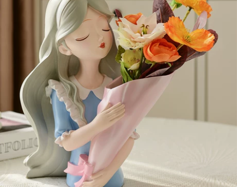 北欧捧花女孩艺术花瓶摆件创意客厅餐桌玄关电...
