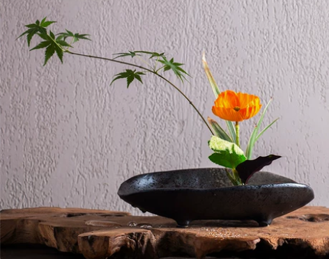 插花器长方形插花器皿船型陶瓷花盘黑色盘日式...