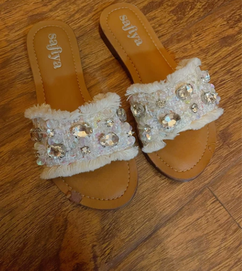 Safiya/索菲娅钻石粗花呢舒适平底凉拖...