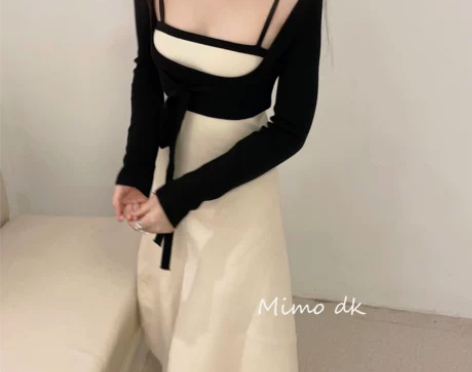 法式复古性感显瘦优雅气质撞色两件套吊带针织...