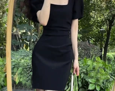 气质方领收腰显瘦连衣裙女夏季法式小众高级感...