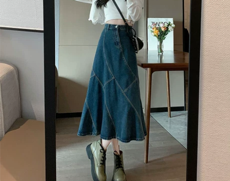 鱼尾裙牛仔半身裙女夏a字复古设计感小众20...