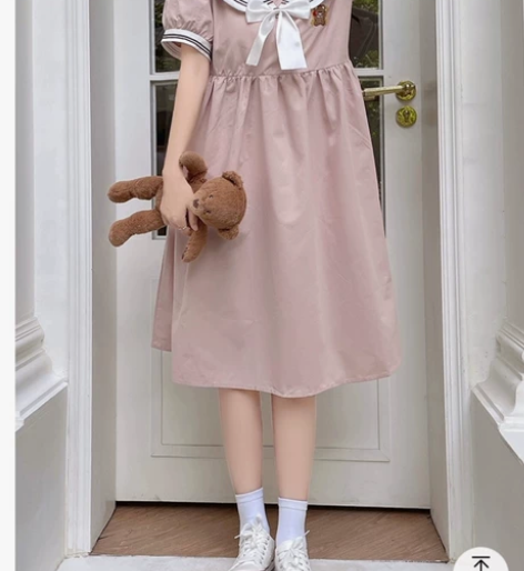 小熊刺绣连衣裙少女夏装学院风初高中学生日系...