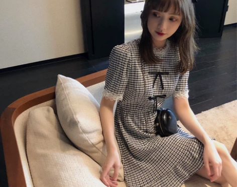 珍珍家中国风甜美复古黑白格子连衣裙女夏学院...