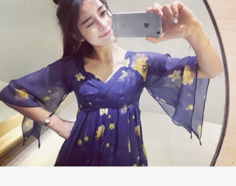 蓝色名媛复古欧美性感大牌雪纺高腰短裙 喇叭...