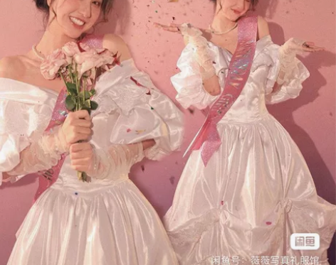 自拍馆服装复古婚纱港风宫廷礼服白色连衣裙影...