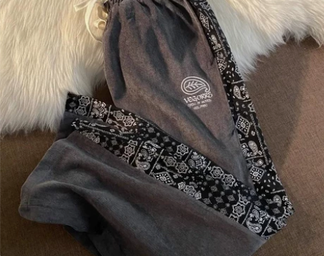 国潮腰果花串标灯芯绒休闲裤嘻哈阔腿裤宽松直...