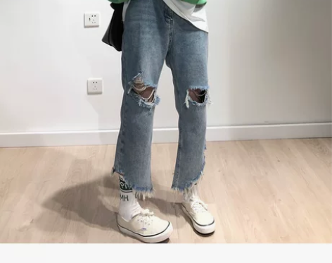 洋气的裤脚须线斜边宽松显瘦破洞牛仔裤直筒裤...