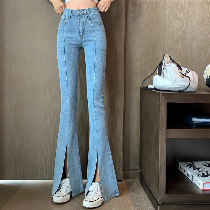 开叉牛仔裤微喇叭裤女高腰显瘦坠感秋季弹力修...