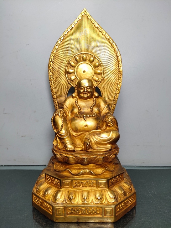 旧藏纯铜鎏金佛像 坐莲台大背光弥勒佛摆件 ...