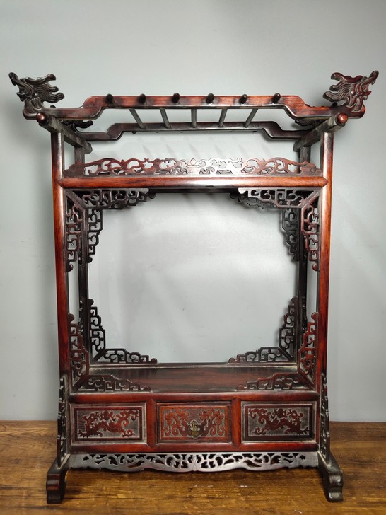 旧藏红酸枝木毛笔架书房摆件 纯手工制作镂空...