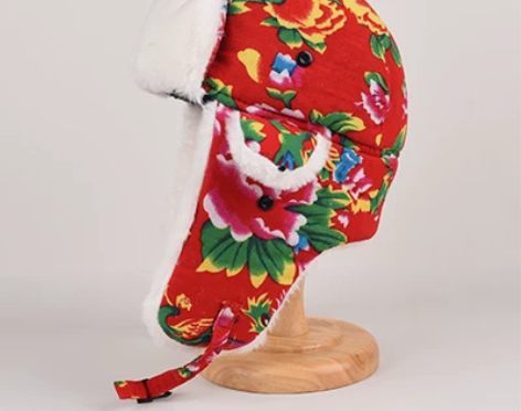 冬季复古雷锋帽女保暖护耳东北大花布棉帽子男...