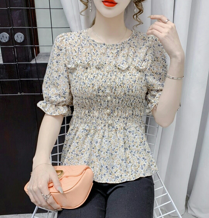 2021年新款夏季圆领木耳边褶皱短袖碎花雪...