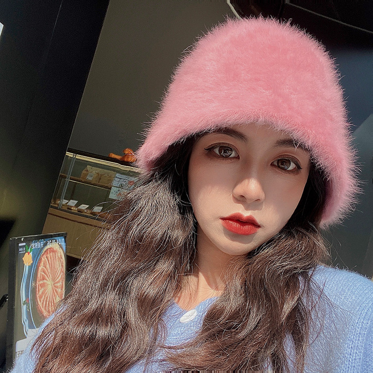 显脸小帽子女秋冬可爱兔毛绒渔夫帽韩版百搭水...
