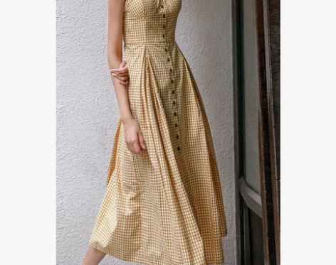 粉猫家 高腰显瘦抹胸露肩吊带裙清新复古一字...