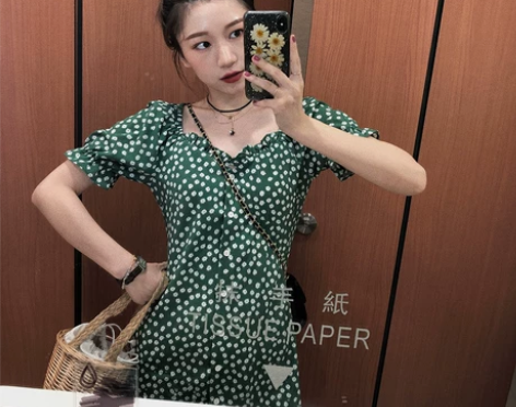 胖子王老板 法式复古绿色桔梗小碎花连衣裙女...