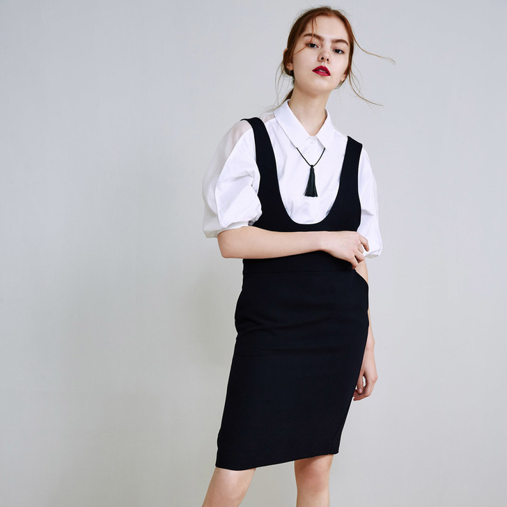 Lily新款女装复古藏青背带裙显瘦连衣裙1...