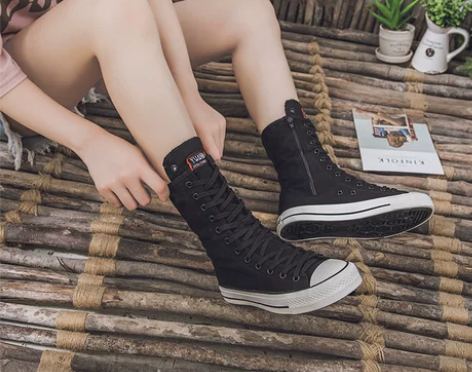 新款春中筒帆布鞋潮女拉链靴子超高帮休闲大码...