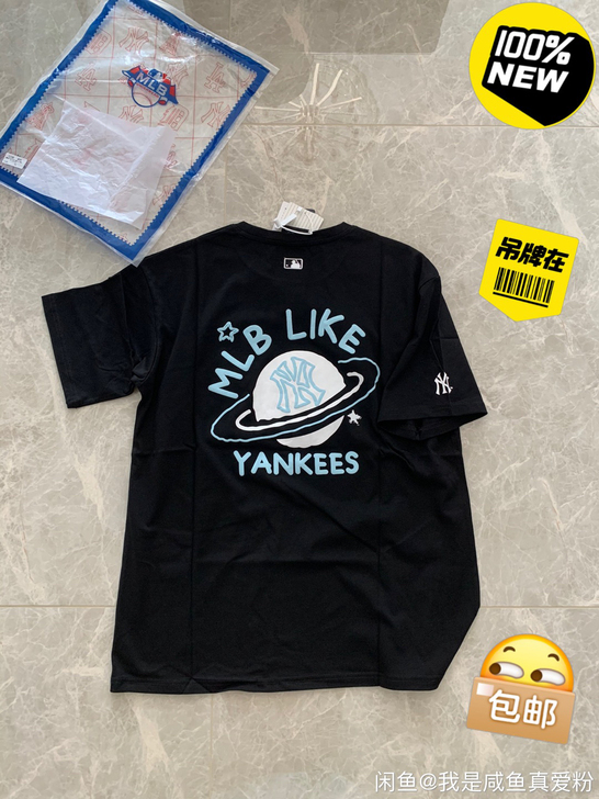 MLB洋基队星球NY短袖黑色纯棉t恤宽松上...
