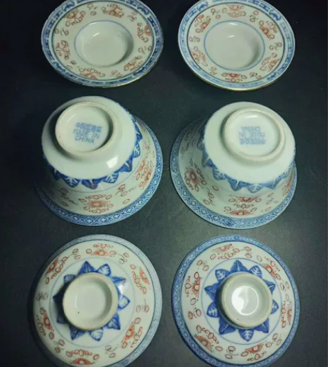 盖碗 盖碗 青花釉描红 老 厂货七八十年...