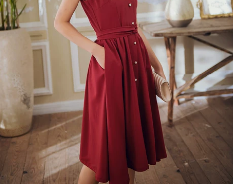 ?夏款伞裙法式裙无袖V领裙酒红色连衣裙背心...