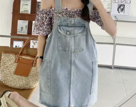 复古浅蓝牛仔背带裙女2022夏季新款小个子...
