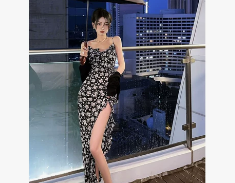 碎花开叉吊带连衣裙女夏季法式复古设计感长裙...