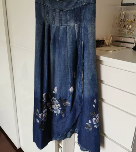 牛仔布喇叭裙大摆裙A字裙 全新棉牛仔蓝中长...