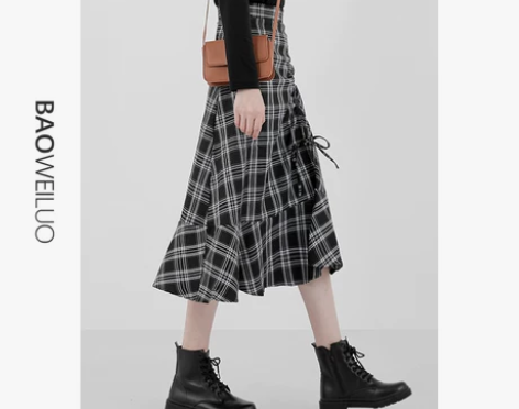 高腰复古格子裙女半身裙荷叶边中长款抽绳大摆...