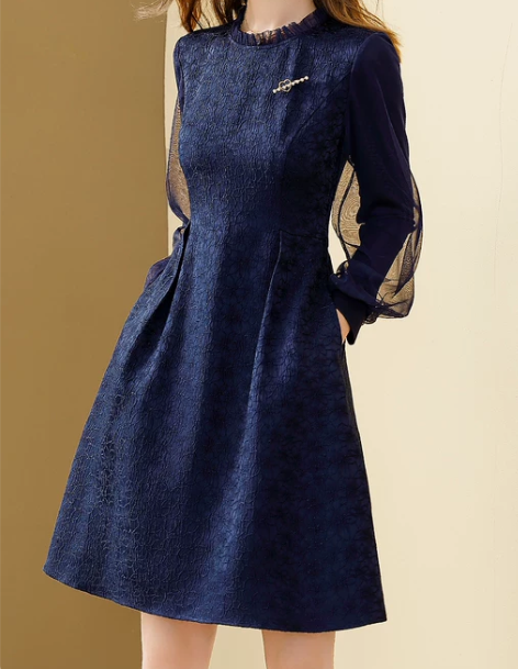 丹慕妮尔高端长袖提花连衣裙女秋装2022新...