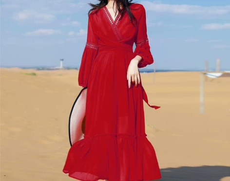 2022夏季新款红色连衣裙法式复古仙女裙子...