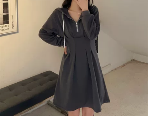 春夏大码港风盐系少女灰色卫衣裙胖妹妹收腰显...