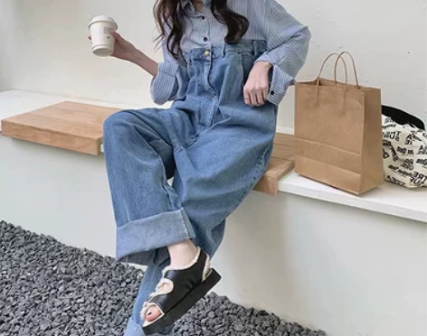 牛仔裤女拼接连体裤2022秋季新款假两件盐...