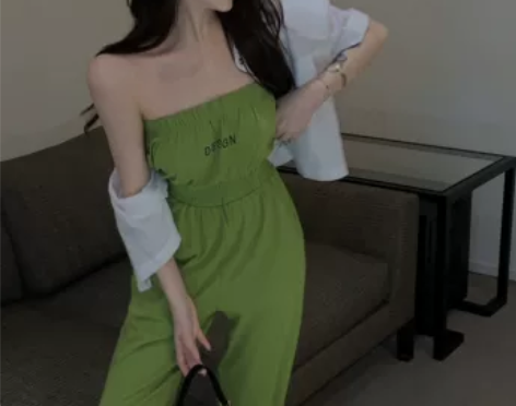 港味绿色抹胸连体裤女夏季薄款气质收腰显瘦宽...