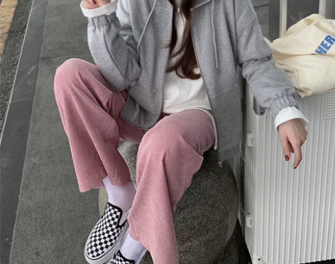 灯芯绒休闲裤女春秋新款宽松高腰粉色直筒裤显...