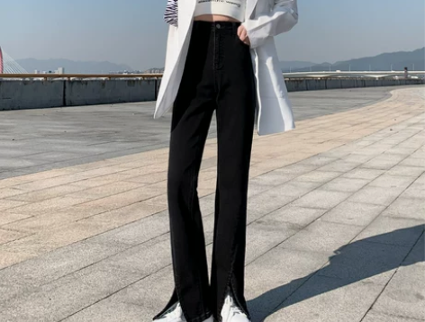 高腰黑色开叉微喇叭牛仔裤女宽松显瘦2022...