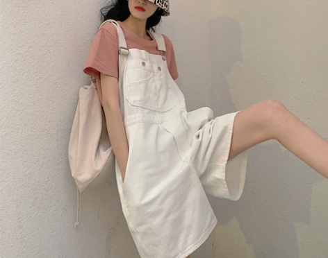 ?夏季新款韩版减龄白色牛仔背带短裤宽松百搭...