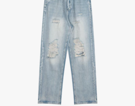 浅蓝色破洞垂感直筒牛仔裤女装夏季宽松高腰显...