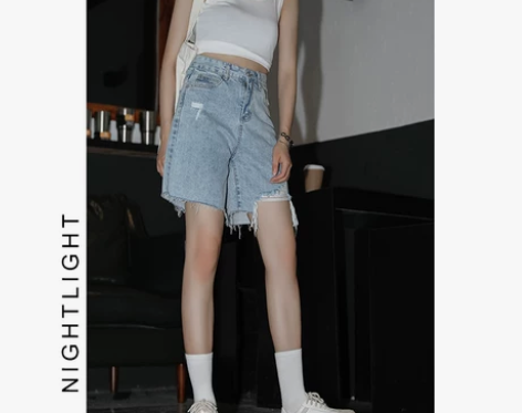 夜光牛仔五分裤女2021春季高腰显瘦百搭直...
