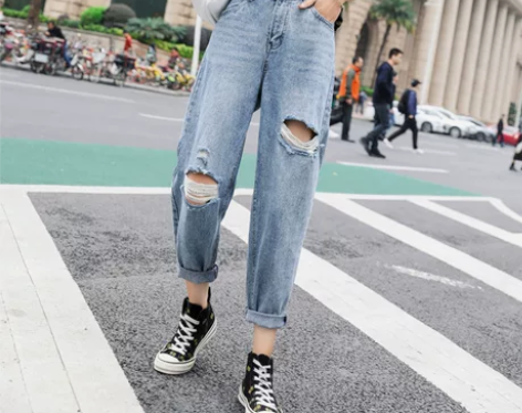 破洞牛仔裤女九分宽松直筒哈伦裤网红韩版高腰...